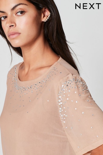 Nude Cream Mesh Short Sleeve Scatter Sparkle Top (D88049) | £30