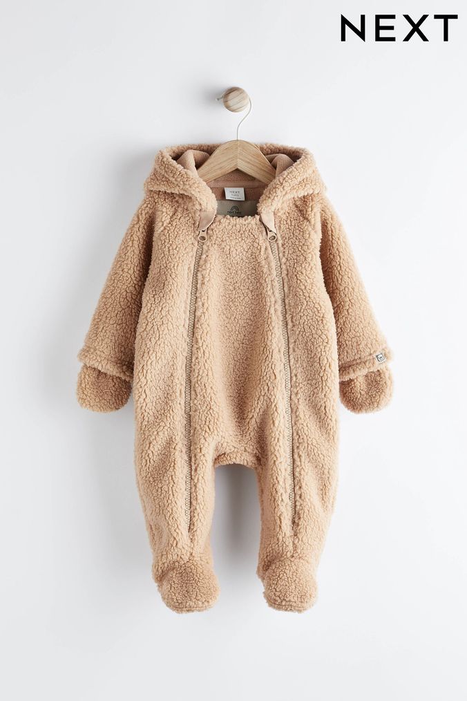 Toffee Brown Cosy Fleece Borg Bear Baby Pramsuit (D88159) | £22 - £24