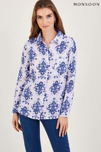 Monsoon Blue Laurie Ikat Button Through Linen Shirt (D88162) | £60