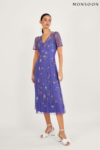 Monsoon Blue Kathy Embellished Midi Dress in Recycled Polyester (D88185) | £175