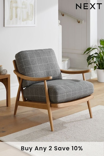 Tweedy Check Lawson Mid Grey, Oak Effect Frame Hampton Wooden Accent Chair (D88668) | £299