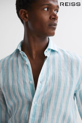Reiss Aquamarine Stripe Ruban Linen Button-Through Shirt (D88790) | £50