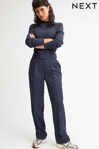 Navy Blue Tailored Straight Leg Trousers With Belt (D88874) | £42