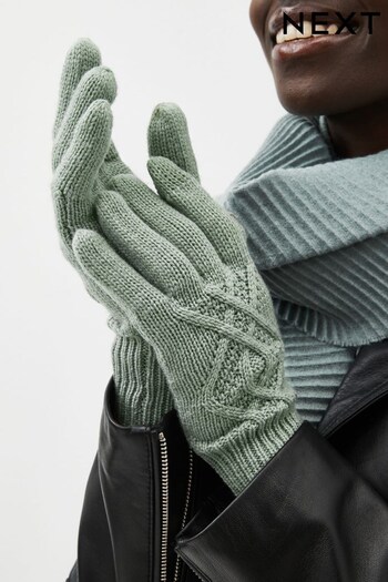 Khaki Green Cable Knit Gloves (D88918) | £12