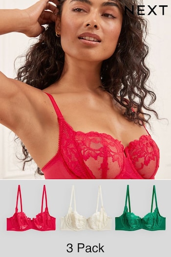 Red/Green/Cream Non Pad Balcony Lace Bras 3 Pack (D89658) | £36