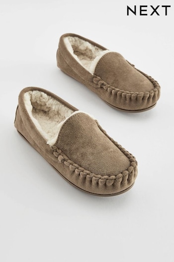 Natural Recycled Polyester Faux Fur Lined Moccasin Slippers (D89825) | £15 - £18