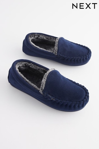 Navy Blue Recycled Polyester Faux Fur Lined Moccasin Slippers (D89947) | £15 - £18