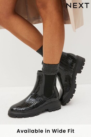 Black Croc Effect Regular/Wide Fit Forever Comfort® Pull-On Chelsea Ankle Boots (D90456) | £39