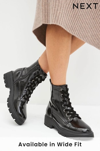 Black Textured Patent Regular/Wide Fit Forever Comfort® Lace-Up Boots new (D90457) | £40