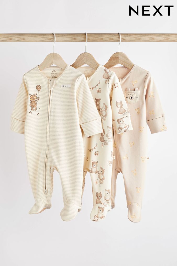 Oatmeal Cream 3 Pack Baby Sleepsuits (0mths-2yrs) (D90795) | £20 - £22