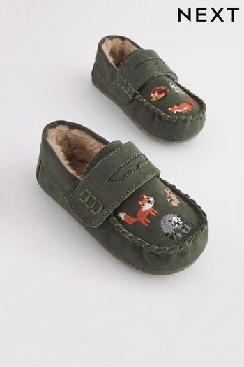 Khaki Green Woodland Embroidery Recycled Faux Fur Lined Moccasin Slippers (D90821) | £14 - £16