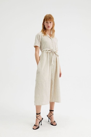 Compania Fantastica Cream Stripe Belted Midi Dress (D90828) | £63