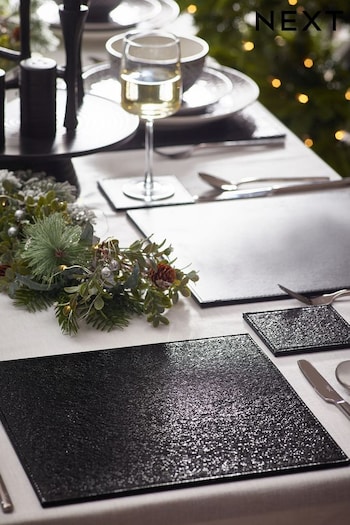 Black Metallic Faux Leather Placemats and Coasters Set of 4 Placemats & Coasters (D90881) | £22