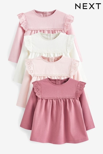 Pink/White Broderie Baby Long Sleeve Tops 4 Pack (D91208) | £20 - £22