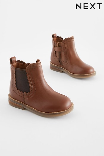 Tan Brown Leather Wide Fit (G) Scallop Chelsea Boots (D91474) | £34 - £40