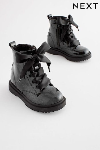 Black Patent Standard Fit (F) Warm Lined Lace-Up Boots (D91476) | £26 - £30