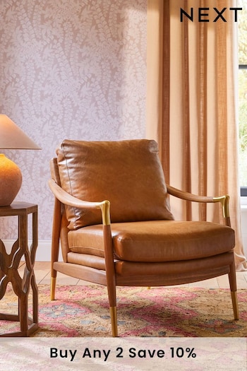 Vintaged Faux Leather Light Brown Flinton Wooden Accent Chair (D91483) | £399
