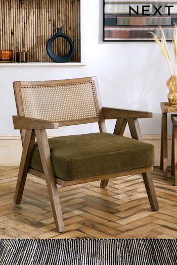 Bronx Wood Effect, Fine Chenille Moss Green Abel Wooden Rattan Accent Chair (D91499) | £250