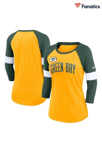 Nike Yellow Fanatics Womens NFL Green Bay Packers Slub 3Q Raglan Top (D92619) | £35