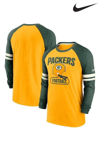 Nike Yellow NFL Fanatics Green Bay Packers Dri-Fit Cotton Long Sleeve Raglan T-Shirt (D92649) | £45