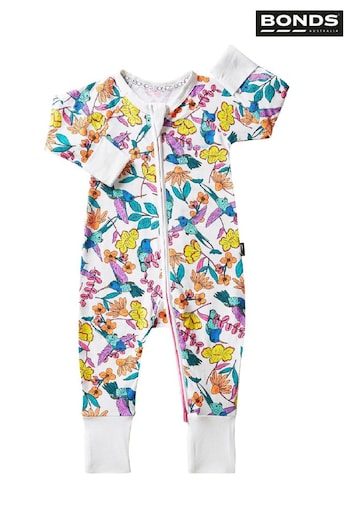 Bonds White Multi Floral Hummingbird Print Zip Sleepsuit (D93232) | £22
