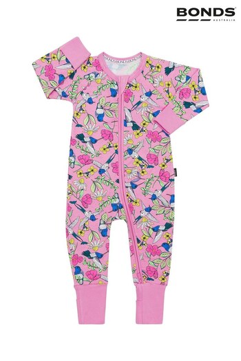 Bonds Pink Multi Floral Hummingbird Print Zip Sleepsuit (D93235) | £22