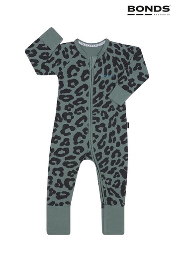Bonds Green Leopard Print Zip Sleepsuit (D93250) | £22