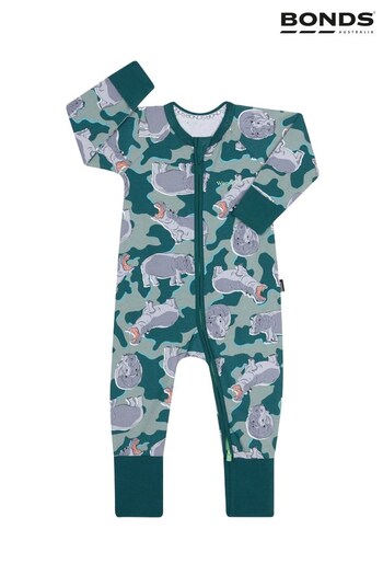 Bonds Green Hippo Print Zip Sleepsuit (D93271) | £22