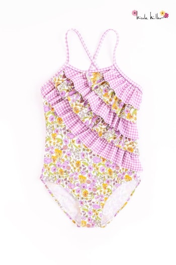 Nicole Miller Lilac/Yellow Gingham Floral Frill Swimsuit (D93839) | £25 - £27