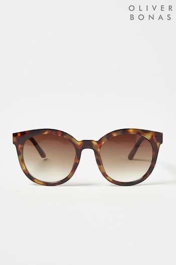Oliver Bonas Brown Preppy Tortoiseshell Round Sunglasses Square (D94036) | £24