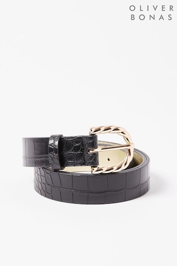 Oliver Bonas Black Faux Croc Twist Buckle Leather Waist Belt (D94092) | £40