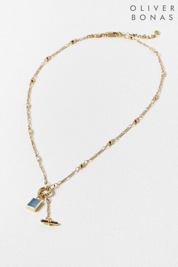 Oliver Bonas Blue Hattie Rectangular Stone & T-Bar Necklace (D94098) | £65