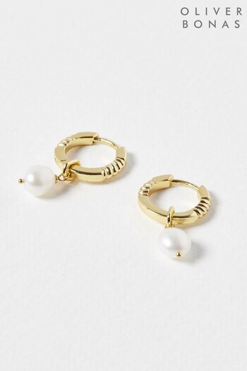 Oliver Bonas Jade Chunky Hoop & Freshwater Pearl Drop Huggie White Earrings (D94100) | £45