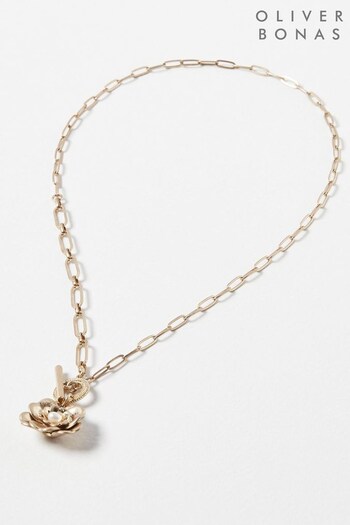 Oliver Bonas Gold Tone Polly Flower & Freshwater Pearl Pendant T-Bar Chain Necklace (D94120) | £26