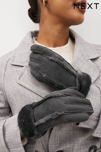 Grey Leather Sheepskin Gloves (D94317) | £38