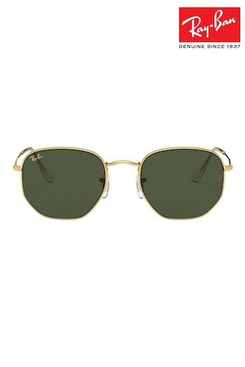 Ray-Ban Gold & Green Lens Hexagonal Sunglasses VLogo (D94399) | £155