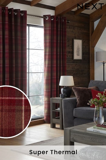 Red Next Highland Check Super Thermal Eyelet Curtains (D94425) | £105 - £160