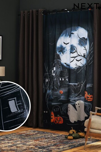Navy Blue Halloween Tie Top Lined Curtain Panel (D94427) | £25