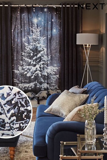 Navy Blue Christmas Tree Tie Top Lined Curtain Panel (D94429) | £25