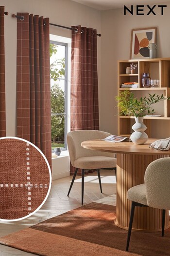 Rust Brown Windowpane Check Lined Eyelet Curtains (D94431) | £75 - £150