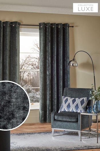 Slate Blue Collection Luxe Plush Chenille Eyelet Lined Curtains (D94435) | £100 - £225