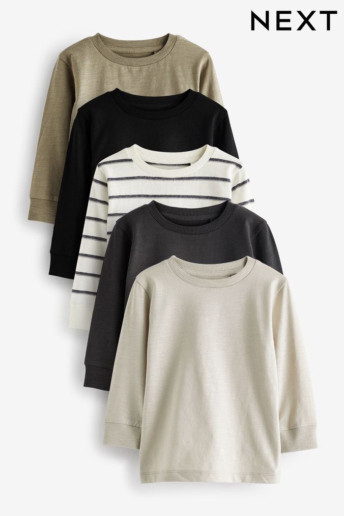 Black/White Plain Long Sleeve T-Shirts 5 Pack (3mths-7yrs) (D94566) | £22 - £26