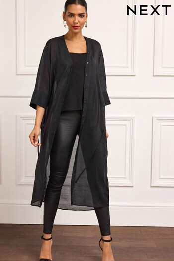 Black Sheer Button Through 3/4 Sleeve Midi Dress (D95019) | £45