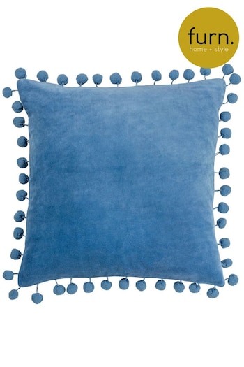 furn. Sky Blue Dora Cotton Velvet Pom-Pom Trim Cushion (D95631) | £20