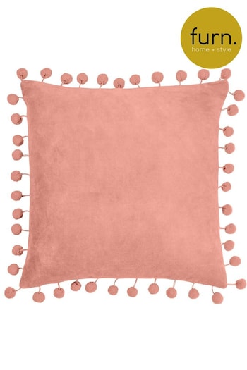 furn. Pale Pink Dora Cotton Velvet Pom-Pom Trim Cushion (D95632) | £20