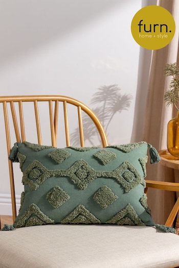 furn. Eucalyptus Green Dharma Global Cotton Tufted Tassel Cushion (D95732) | £18