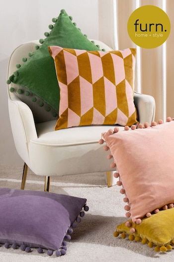 furn. Pink/Ochre Kalho Geometric Cotton Velvet Cushion (D95733) | £17