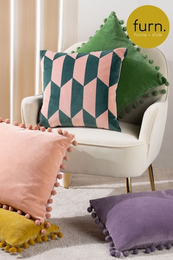 furn. Pink/Green Kalho Geometric Cotton Velvet Cushion (D95734) | £17