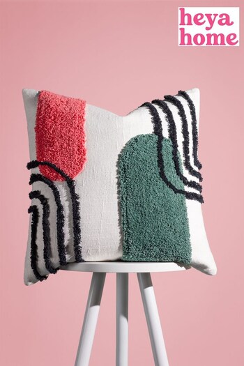 heya home Pink/Jade Green Elmer Art Deco Cotton Tufted Cushion (D95737) | £17