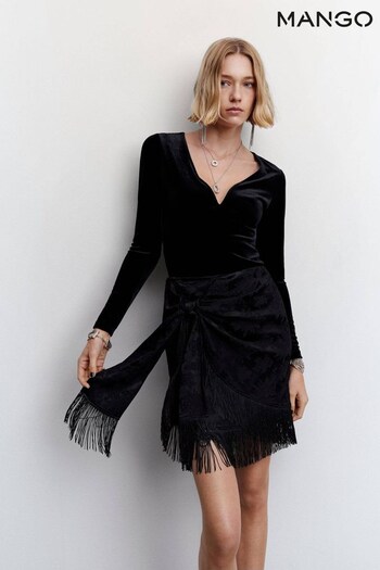 Mango Fringed Jacquard Black Skirt (D96891) | £50